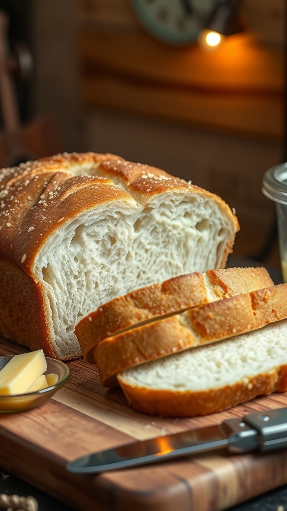 Freshly baked sourdough sandwich bread loaf, sliced, on a wooden board with butter.